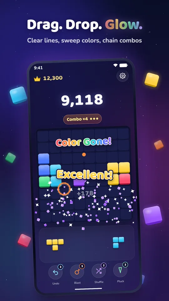 Drag. Drop. Glow. An Infinity game mid-clear, with Excellent!, Color Gone! and a ×4 combo.
