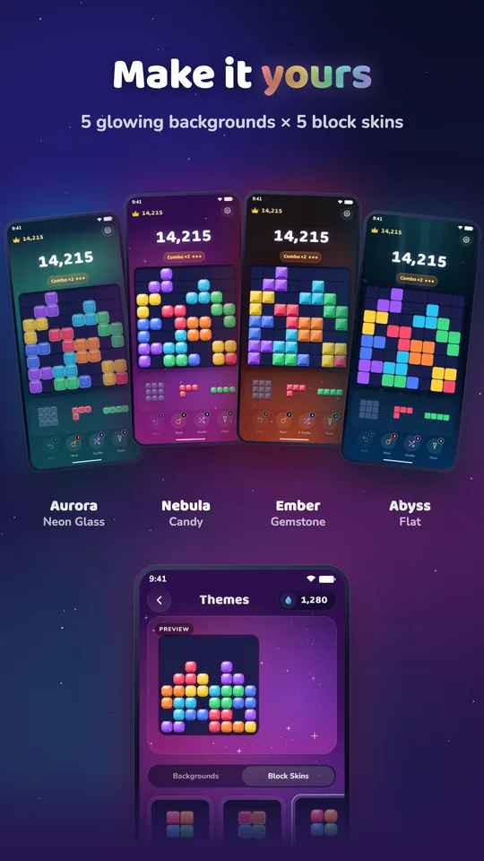 Make it yours: five theme and block skin combinations, and the Themes screen.