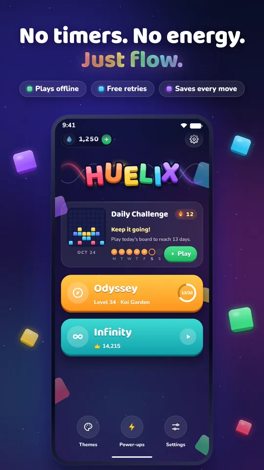 No timers. No energy. Just flow. The home screen with a 12-day streak.